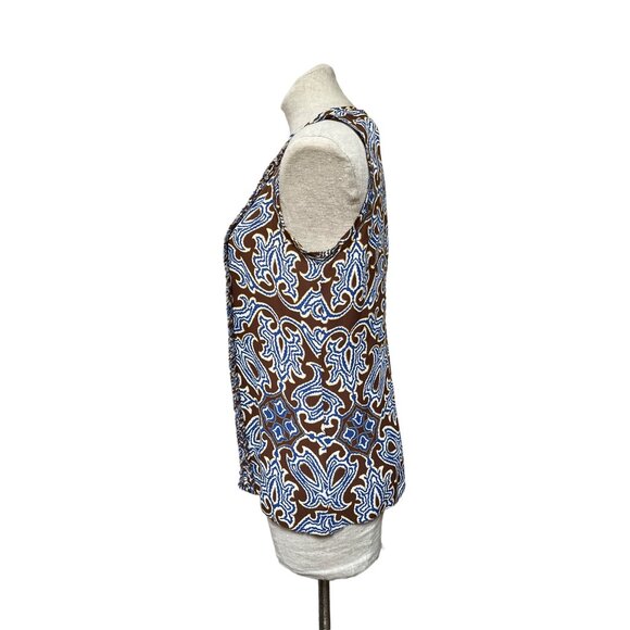 Tory Burch Carolinna Brown Silk Sleeveless Tuxedo Blouse Pleated Ruffle Front - Picture 4 of 10